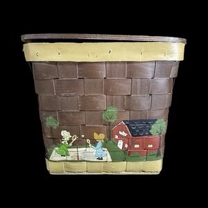 Vintage Hand Painted Wood Splint Basket Folk Art Country Vanity Purse Mirror Lid